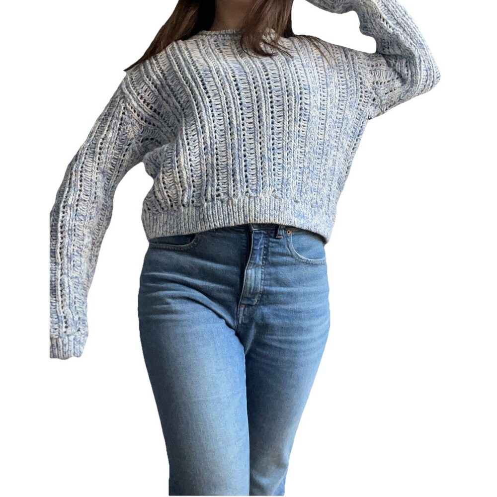 DUFFY Blue & White 100% Cotton Pointelle Open Stitch Knitted Sweater Size M